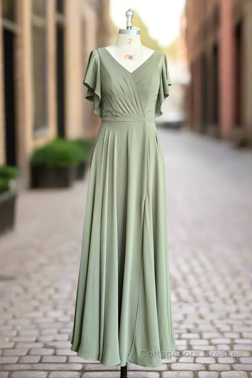 A-line V-neck Ruffle Sleeves Pleats Chiffon Bridesmaid Dress with Ruffles