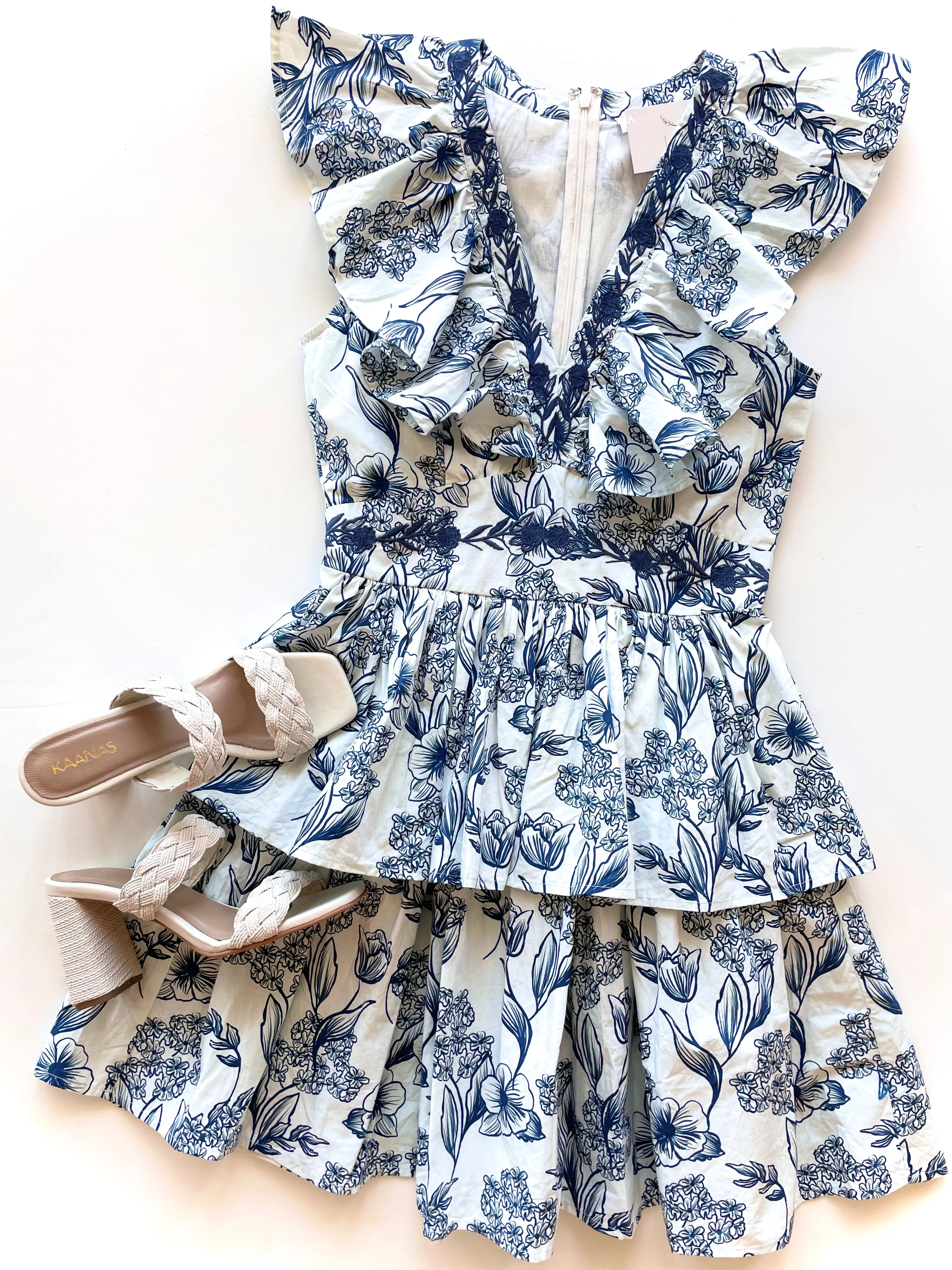 AL243 Ruffle collar tiered  blue floral dress