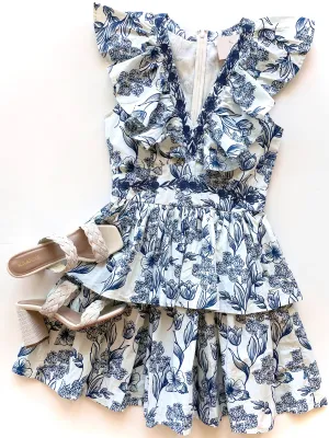AL243 Ruffle collar tiered  blue floral dress