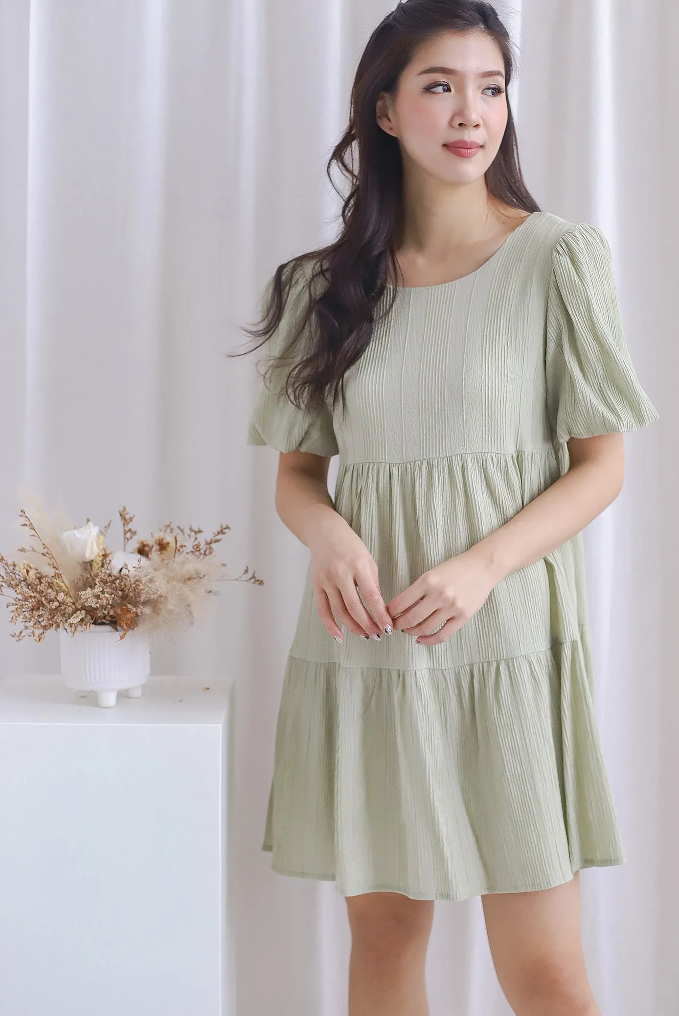 Alia Textured Babydoll Romper Dress In Sage