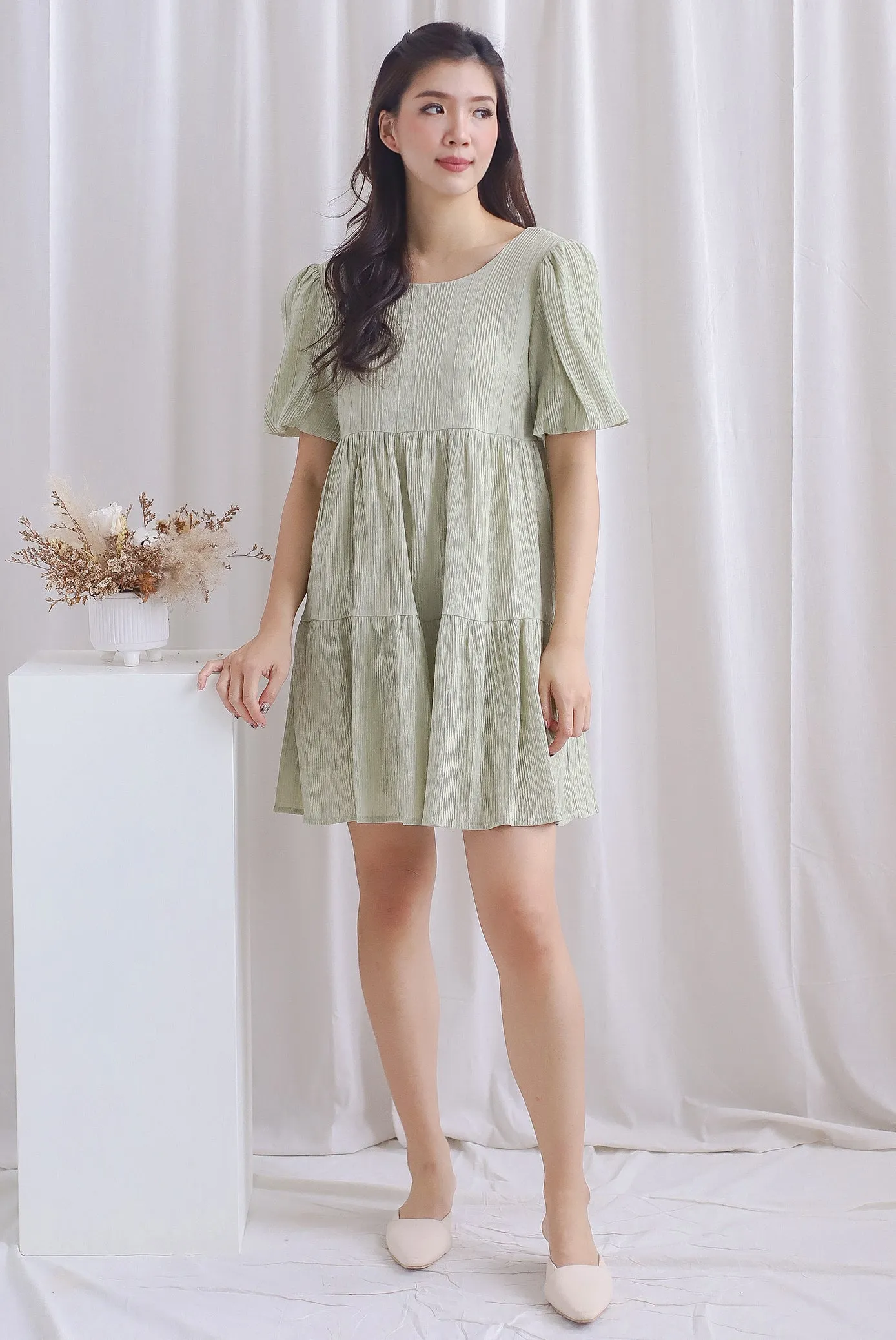 Alia Textured Babydoll Romper Dress In Sage