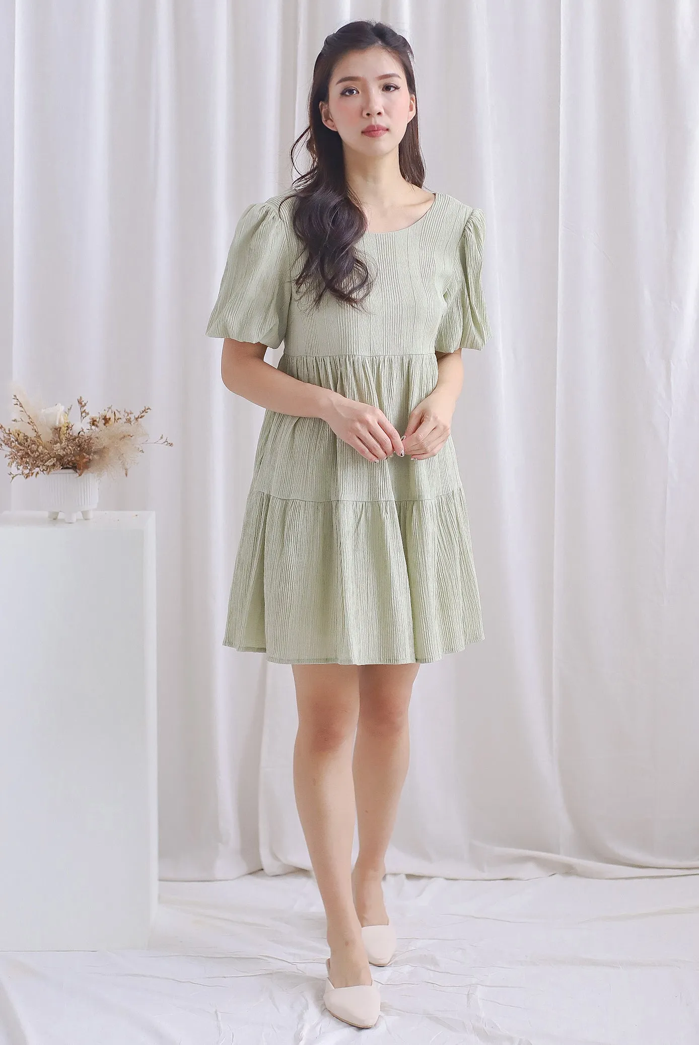 Alia Textured Babydoll Romper Dress In Sage