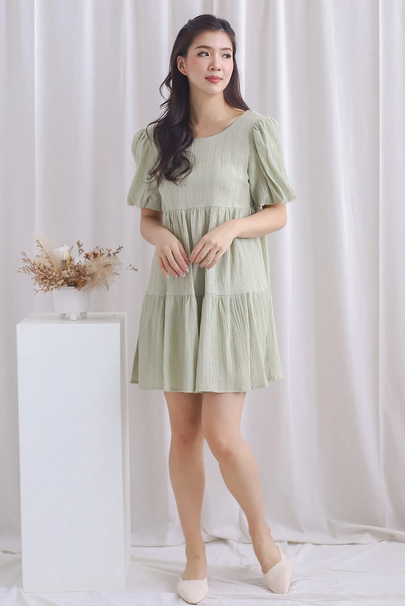 Alia Textured Babydoll Romper Dress In Sage