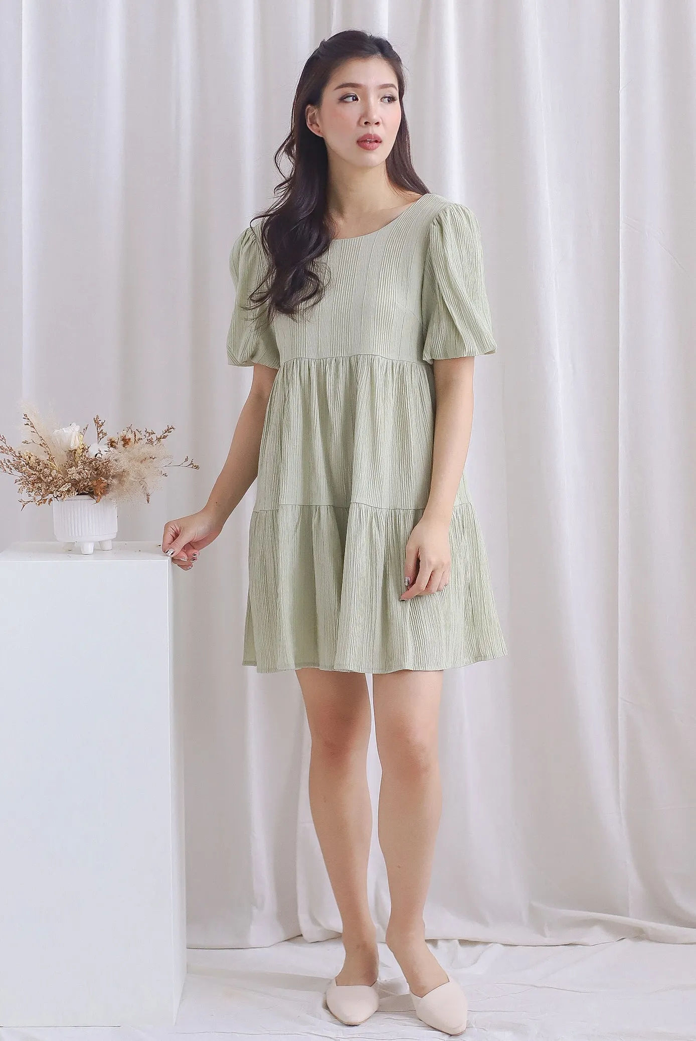 Alia Textured Babydoll Romper Dress In Sage