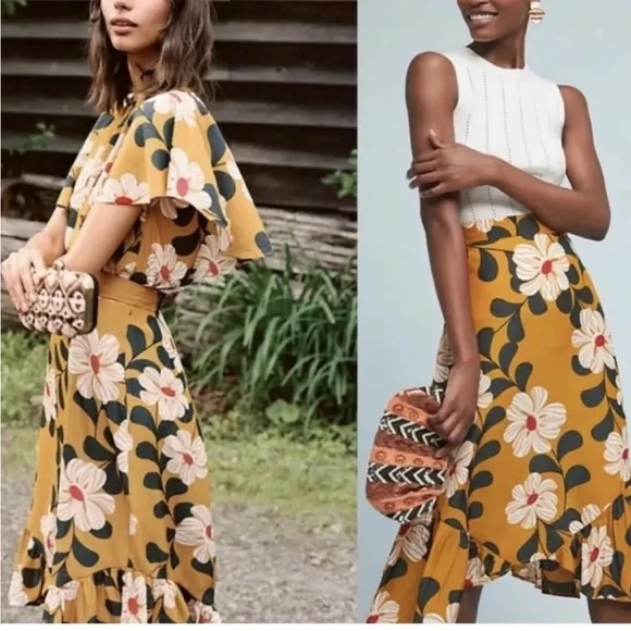 Anthropologie Eva Franco Ikebana Skirt Mustard Yellow Floral Midi Size 8