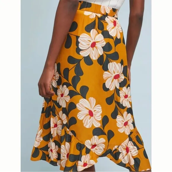 Anthropologie Eva Franco Ikebana Skirt Mustard Yellow Floral Midi Size 8