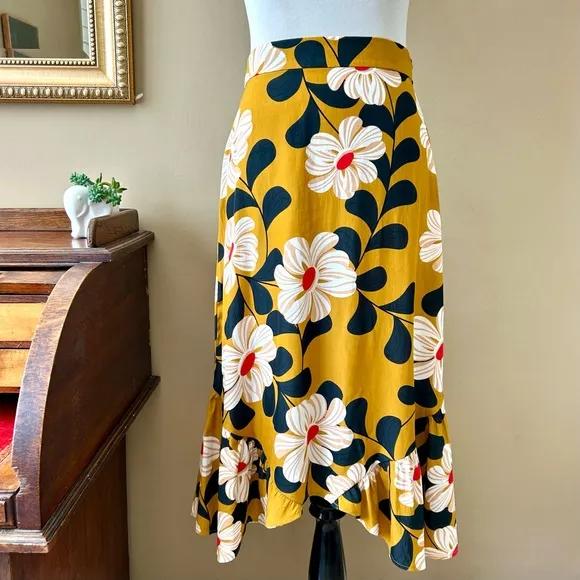 Anthropologie Eva Franco Ikebana Skirt Mustard Yellow Floral Midi Size 8