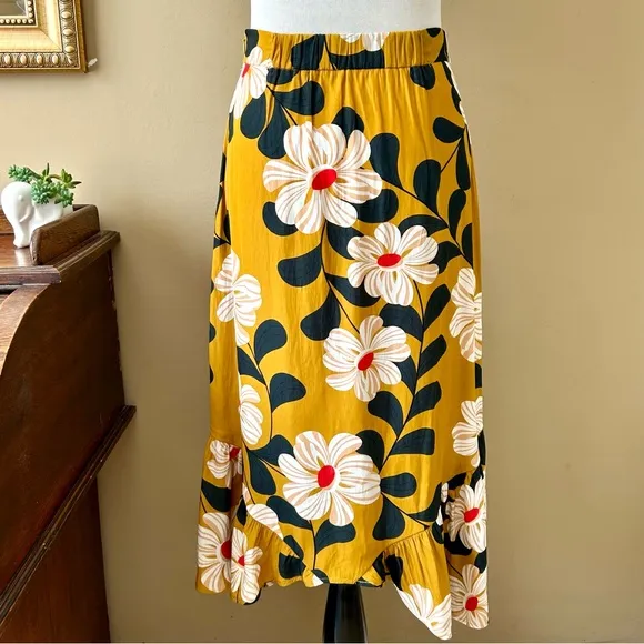 Anthropologie Eva Franco Ikebana Skirt Mustard Yellow Floral Midi Size 8