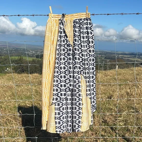 Anthropologie Funktional Ikat print blue yellow asymmetrical silk skirt