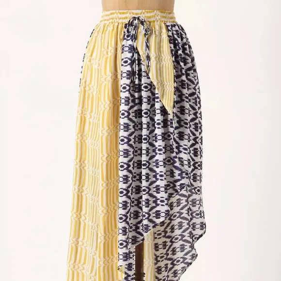 Anthropologie Funktional Ikat print blue yellow asymmetrical silk skirt