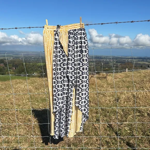 Anthropologie Funktional Ikat print blue yellow asymmetrical silk skirt
