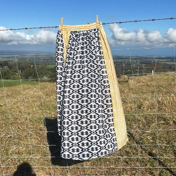 Anthropologie Funktional Ikat print blue yellow asymmetrical silk skirt