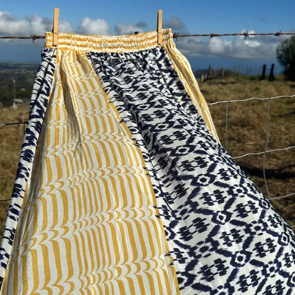 Anthropologie Funktional Ikat print blue yellow asymmetrical silk skirt