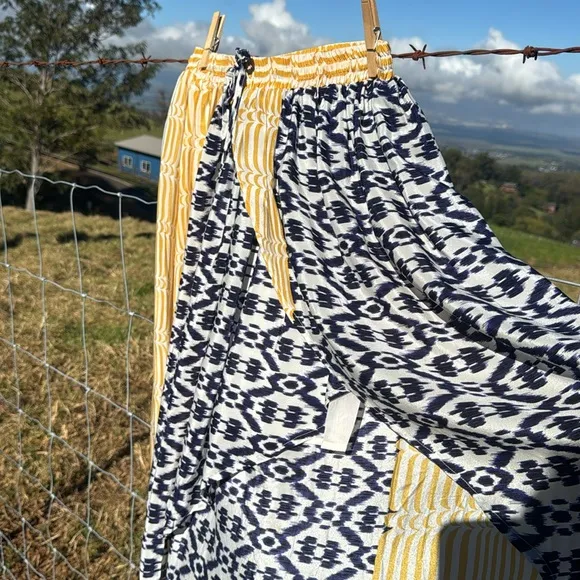 Anthropologie Funktional Ikat print blue yellow asymmetrical silk skirt