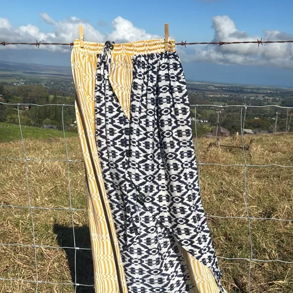 Anthropologie Funktional Ikat print blue yellow asymmetrical silk skirt