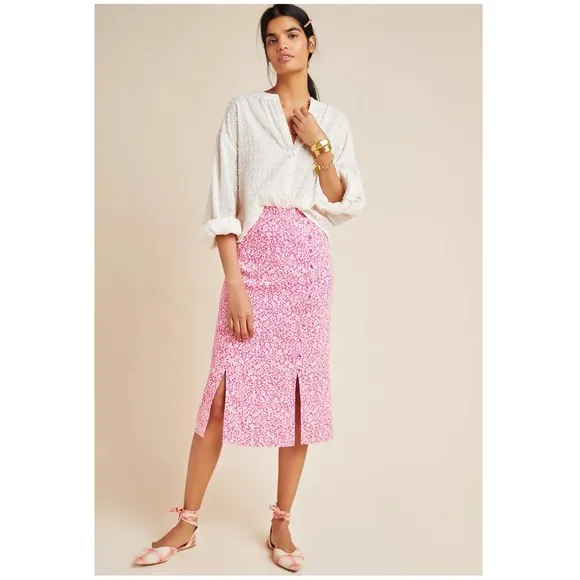 ANTHROPOLOGIE Mila Button Front Pencil Skirt, Pink/White, 6 (US)