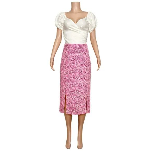 ANTHROPOLOGIE Mila Button Front Pencil Skirt, Pink/White, 6 (US)