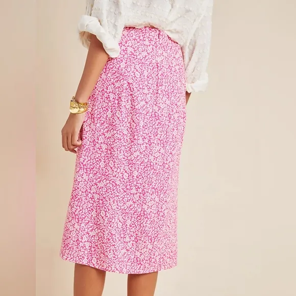 ANTHROPOLOGIE Mila Button Front Pencil Skirt, Pink/White, 6 (US)