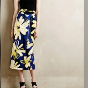 Anthropologie Whit Two Bold Print Floral Pencil Skirt With Split In Back Tie 12P