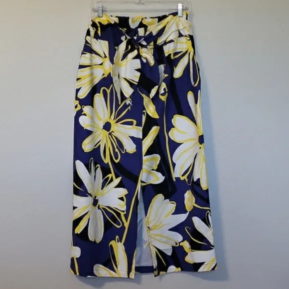 Anthropologie Whit Two Bold Print Floral Pencil Skirt With Split In Back Tie 12P