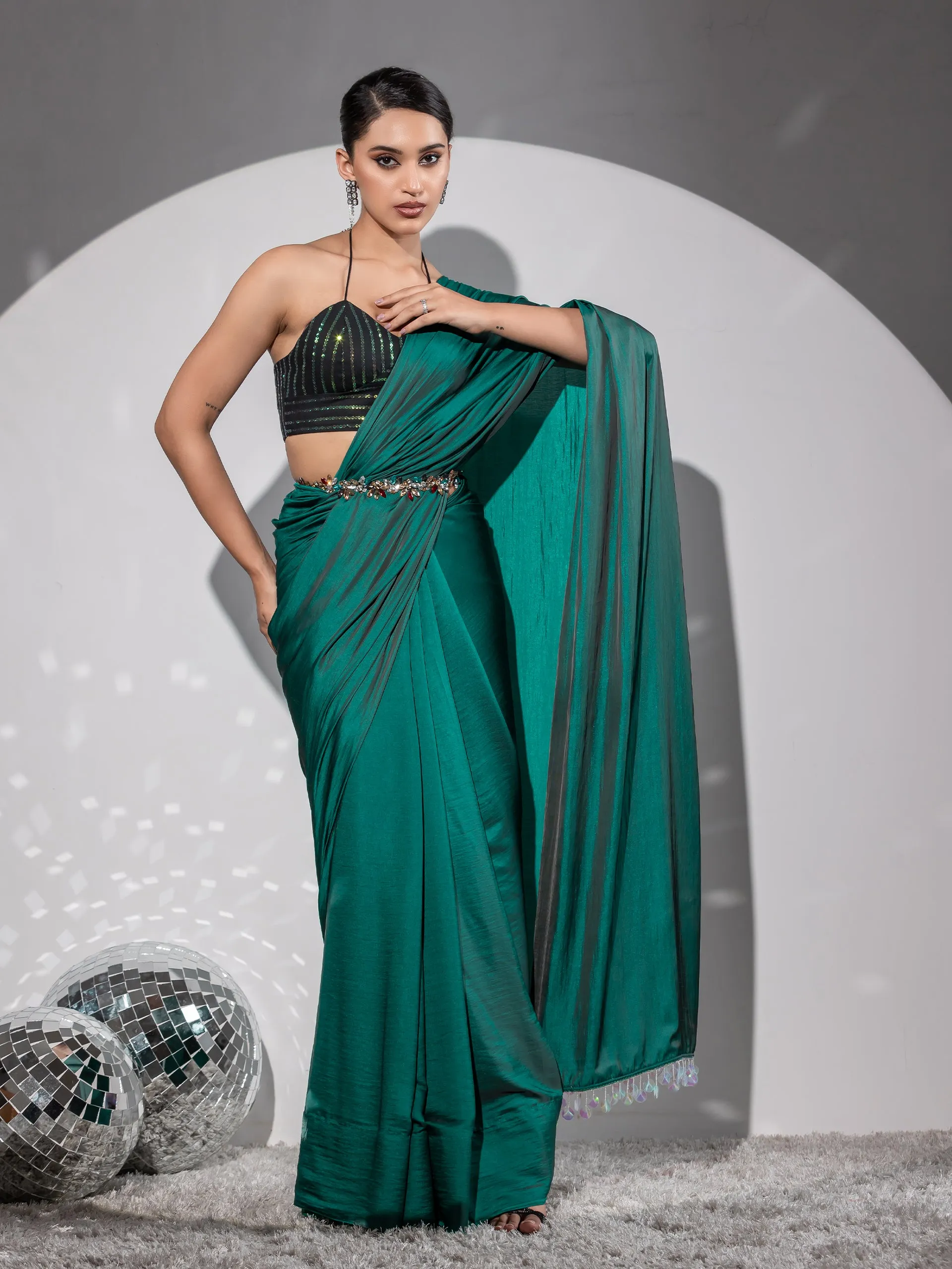 Aquamarine Green Paradise Satin Saree with Iridescent Lace and Blouse Fabric
