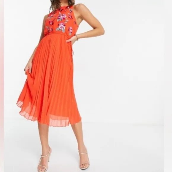 ASOS Pleated Midi Dress with Floral Embroidery