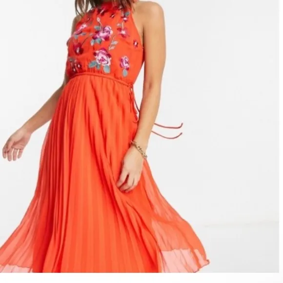 ASOS Pleated Midi Dress with Floral Embroidery
