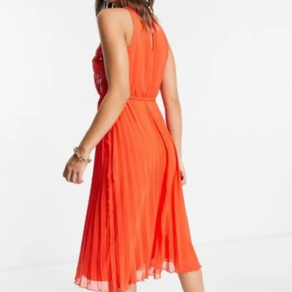 ASOS Pleated Midi Dress with Floral Embroidery