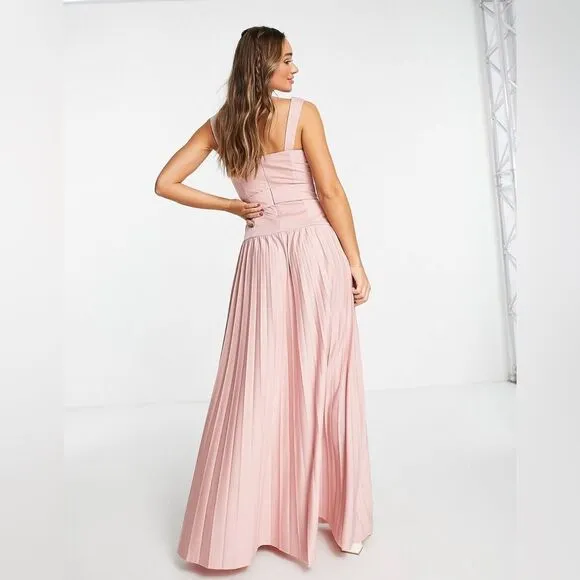 ASOS DESIGN square neck belted pleated maxi dress in rose - PINK Size 4