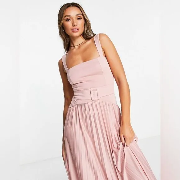 ASOS DESIGN square neck belted pleated maxi dress in rose - PINK Size 4