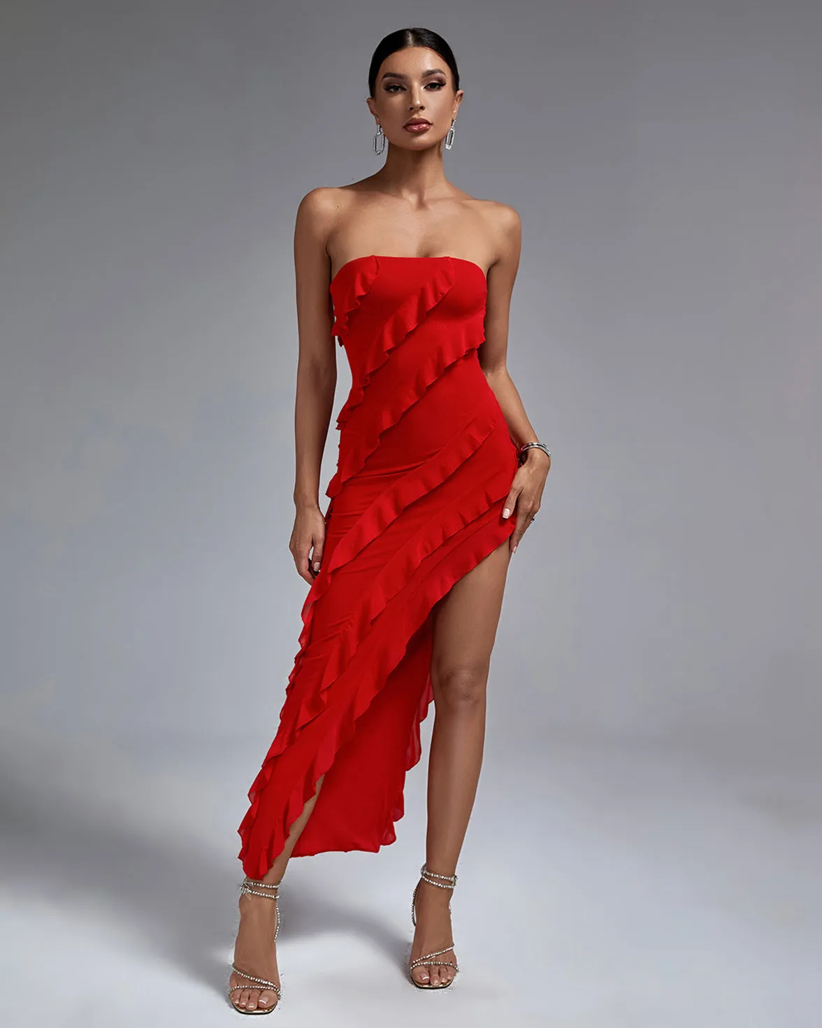 Bandeau Ruffle Detail Maxi Dress