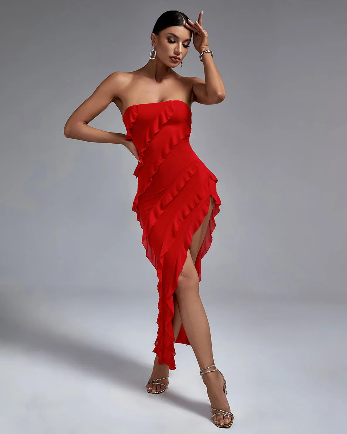 Bandeau Ruffle Detail Maxi Dress