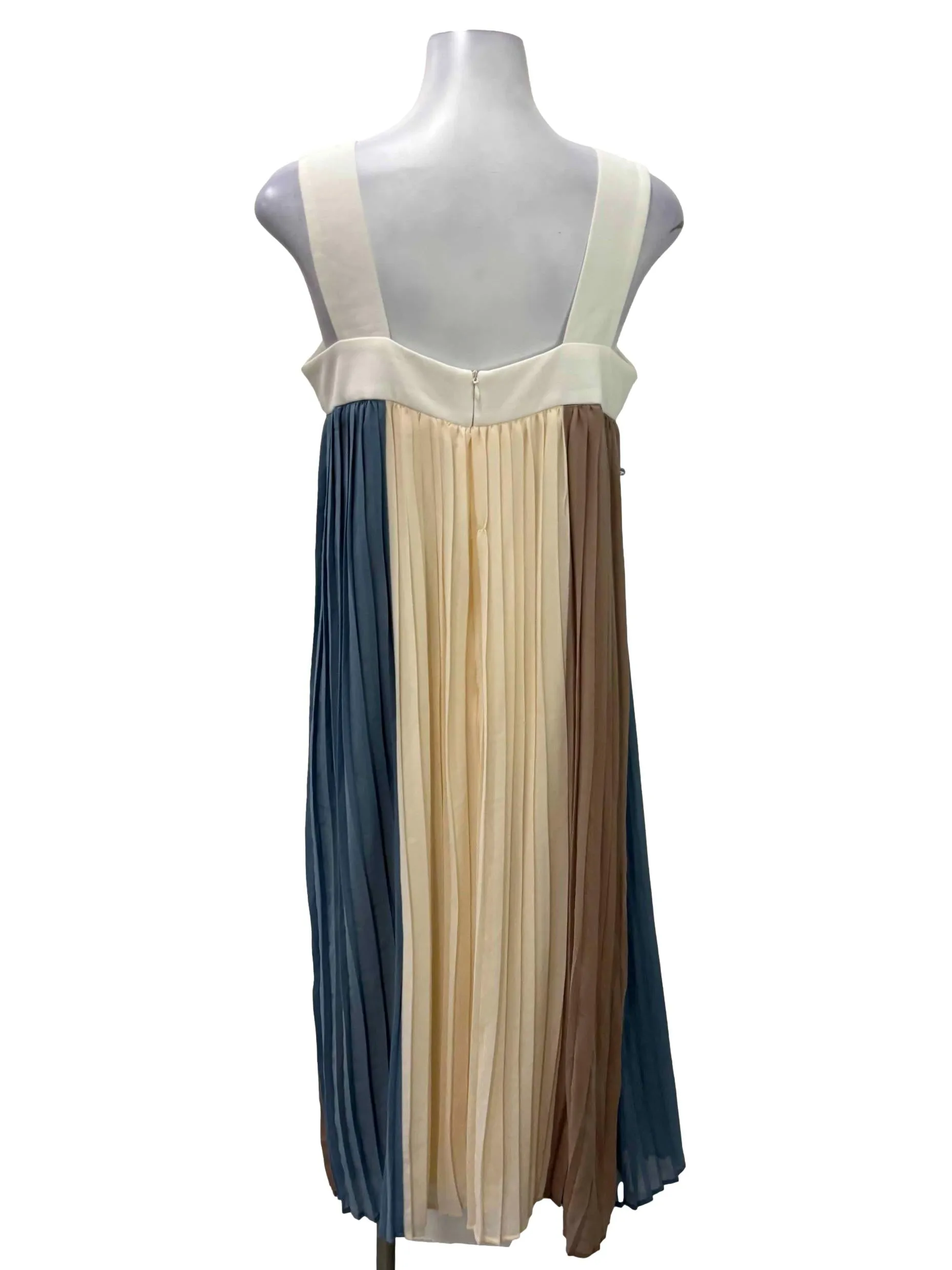 Beige And Blue Coastal Pleated Sleeveless Dress