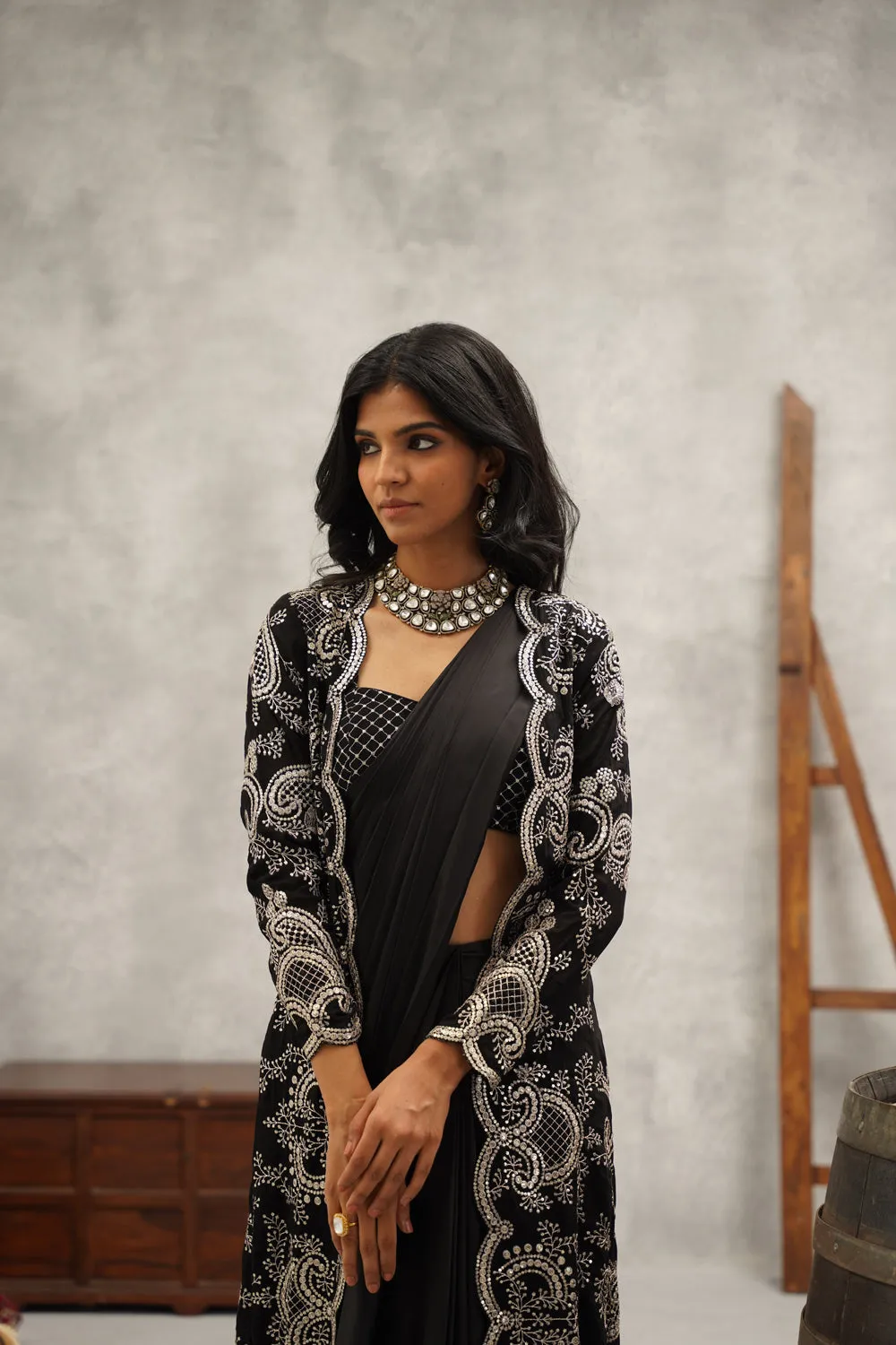 Black Embroidered Saree Set