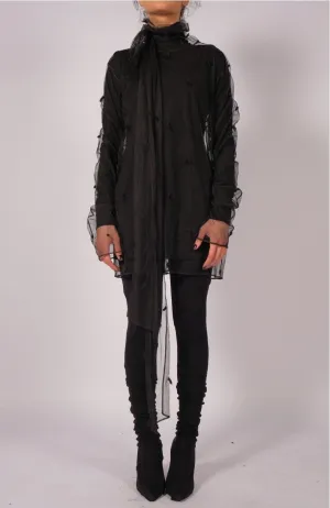 Black Mesh Polka-Dot Turtleneck with scarf