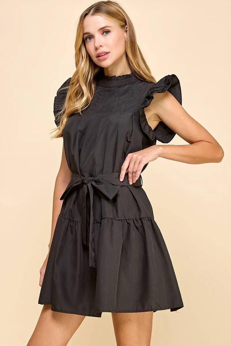 Black Ruffle Mock Neckline Pleated Dress..