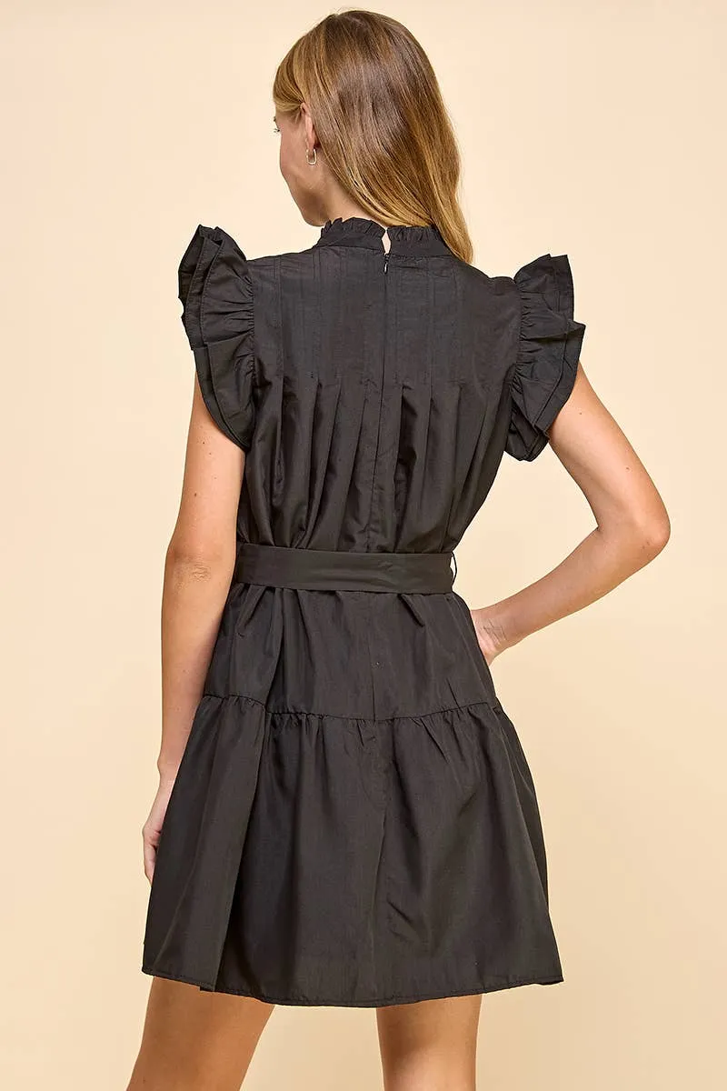 Black Ruffle Mock Neckline Pleated Dress..