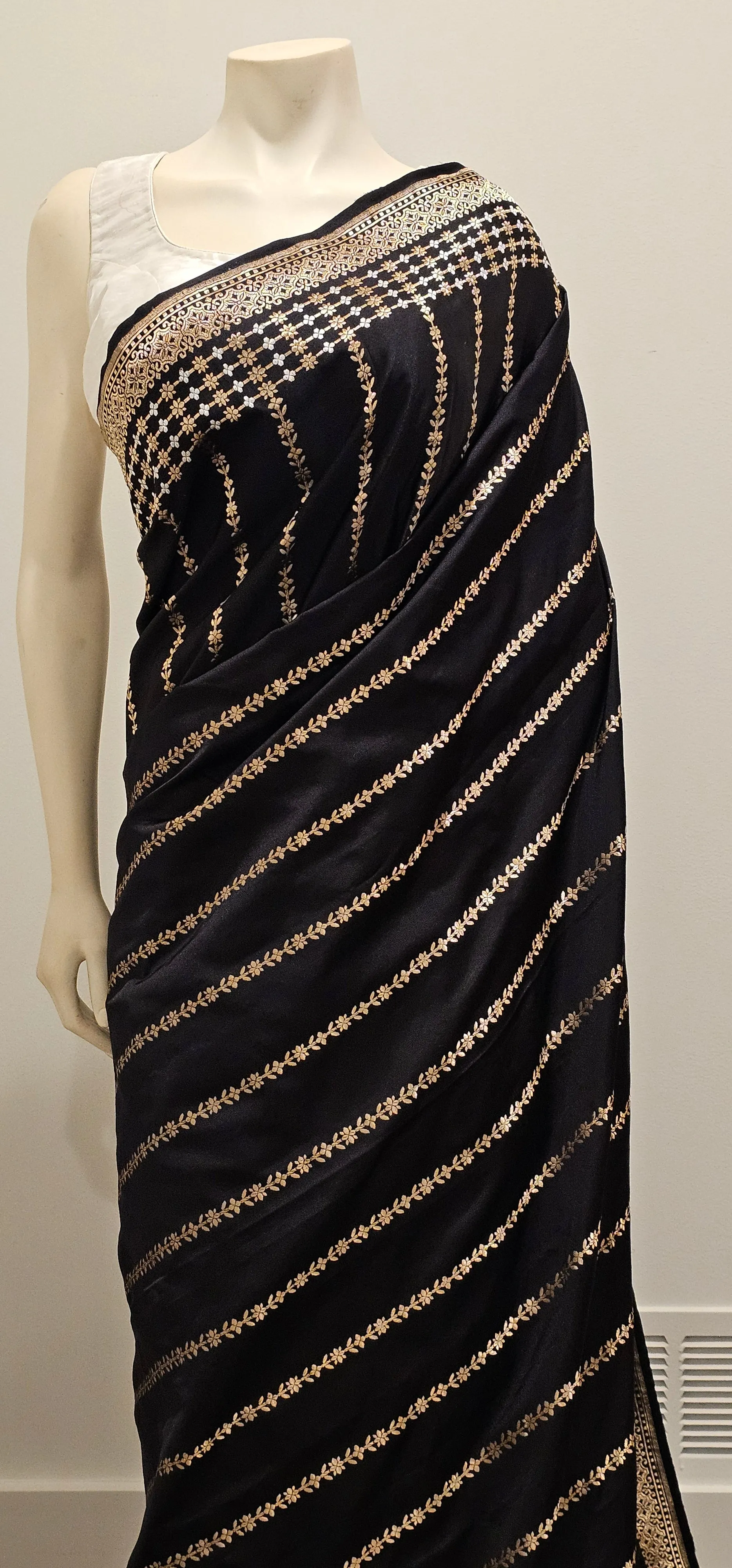 Black Satin Banaras Saree W/Blouse.