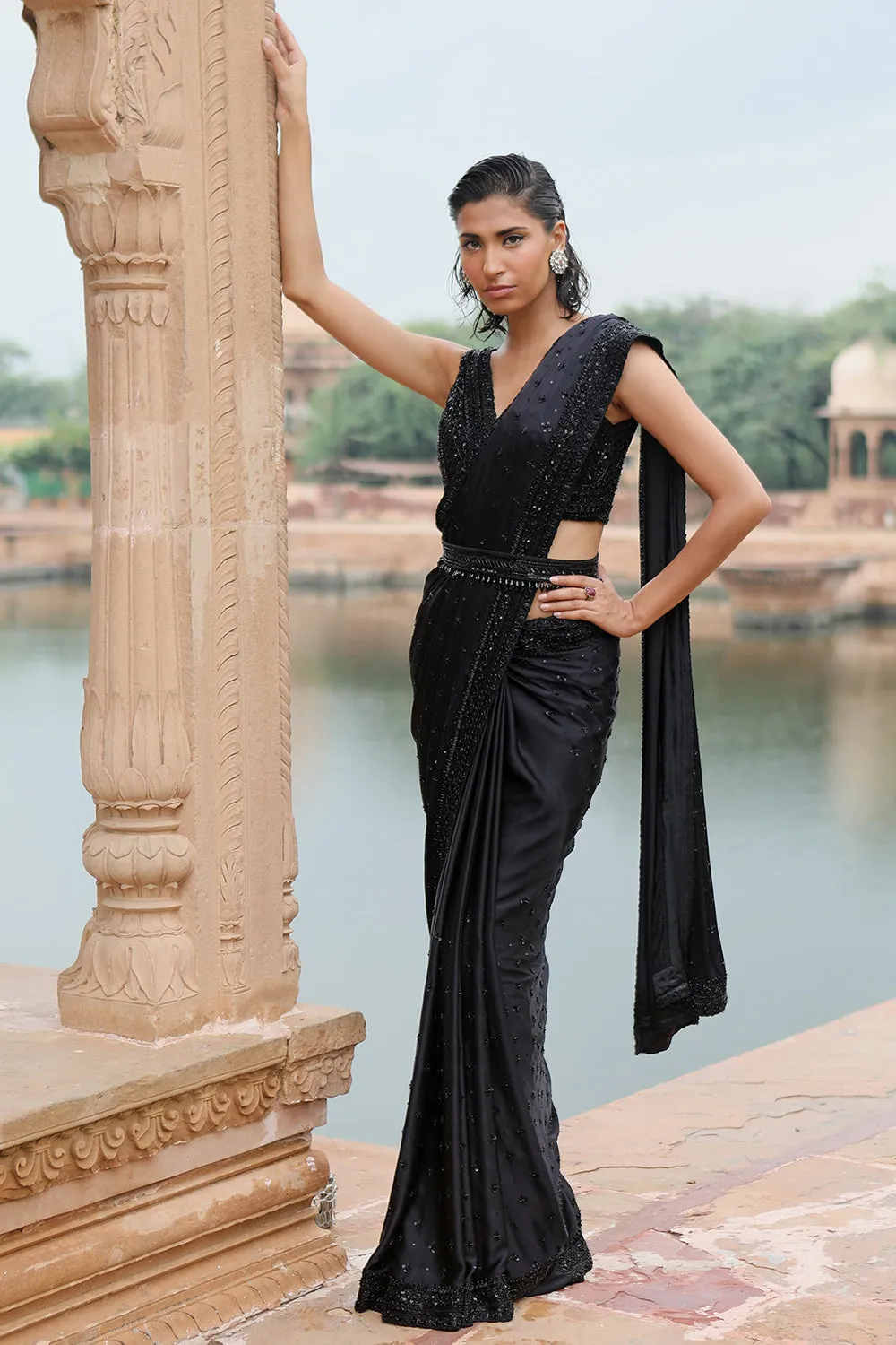 Black Satin Saree Set
