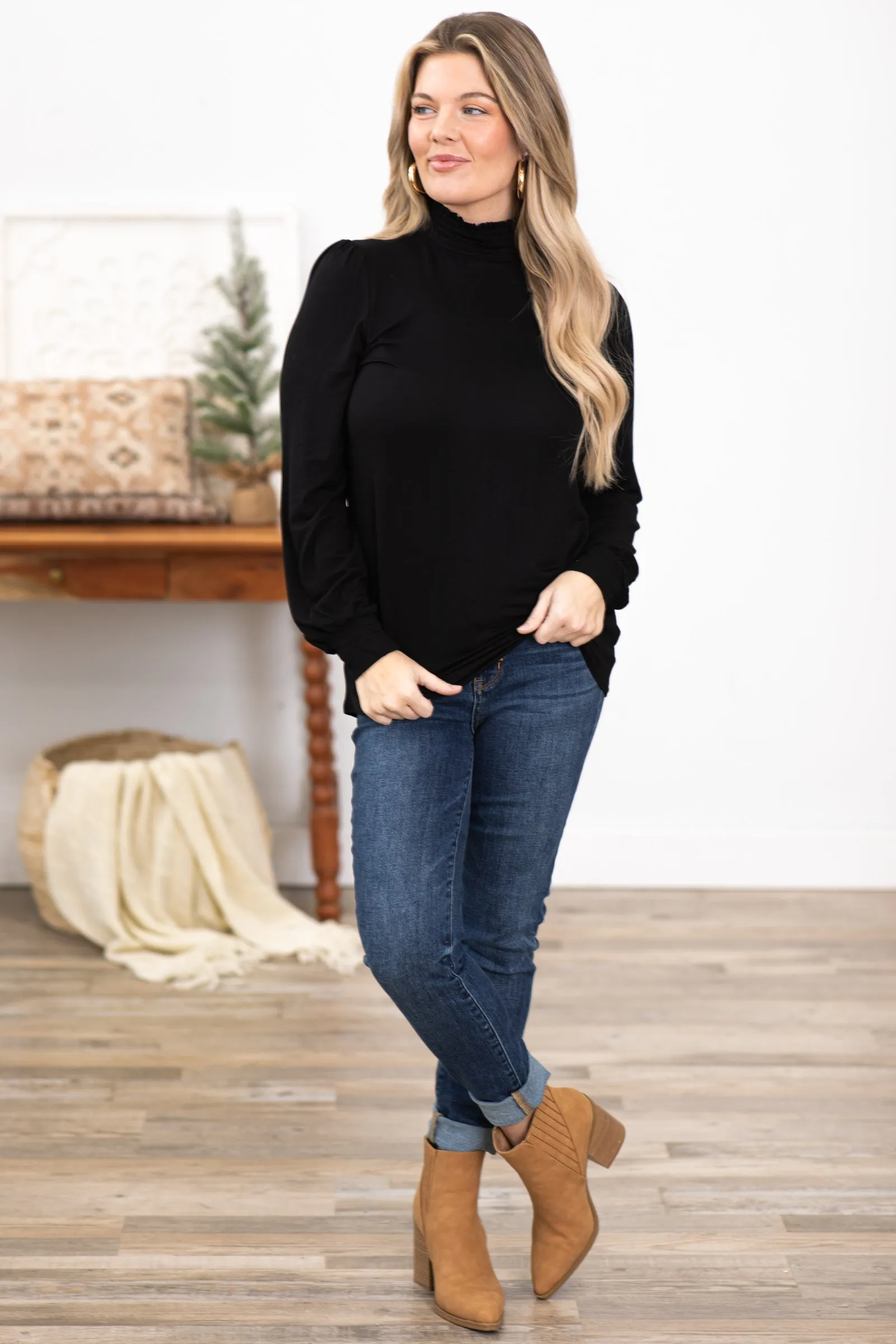 Black Smocked Turtleneck Top