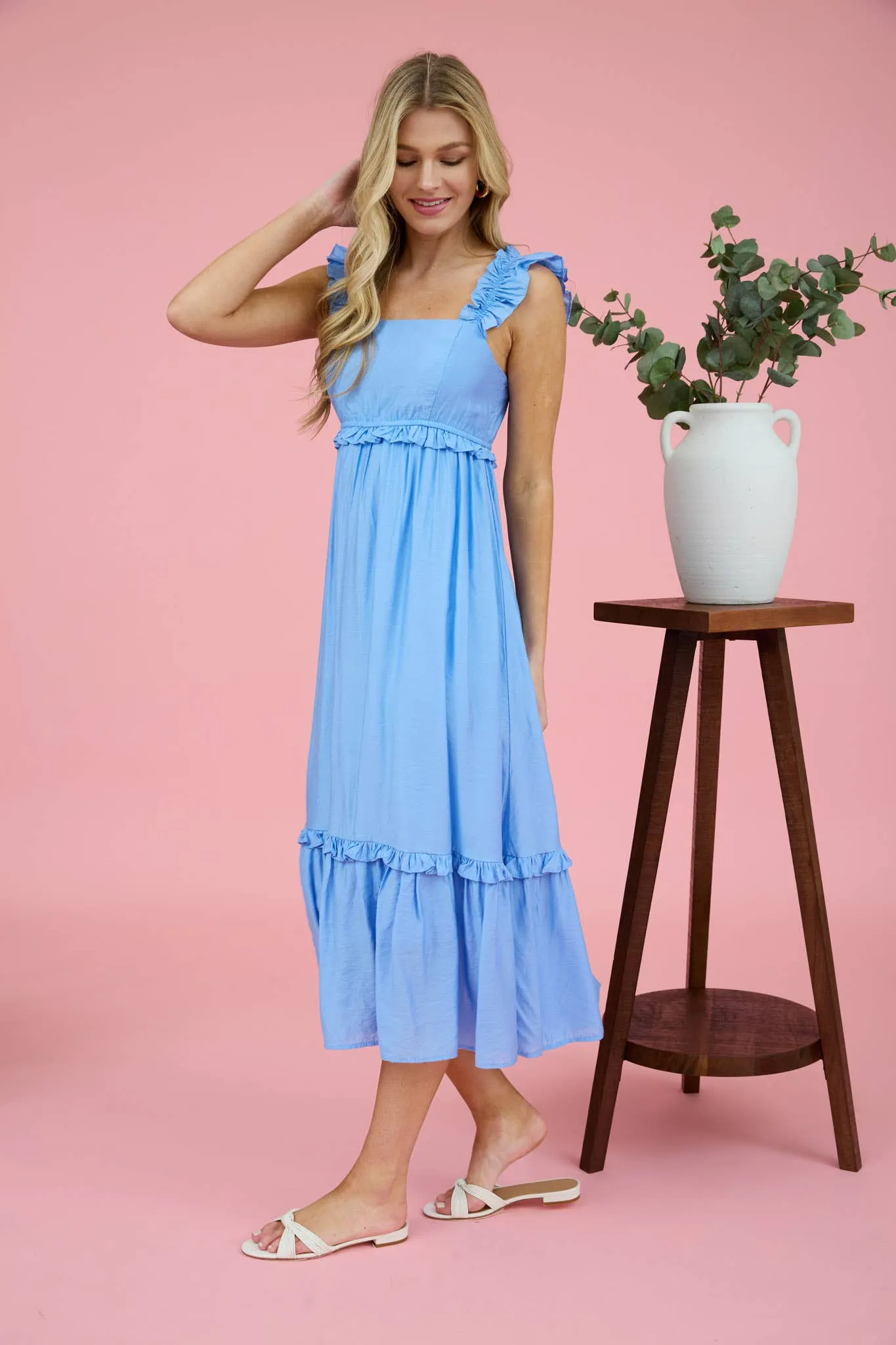 Blu Pepper Ruffle Detail Empire Waist Sleeveless Midi Dress CR2473