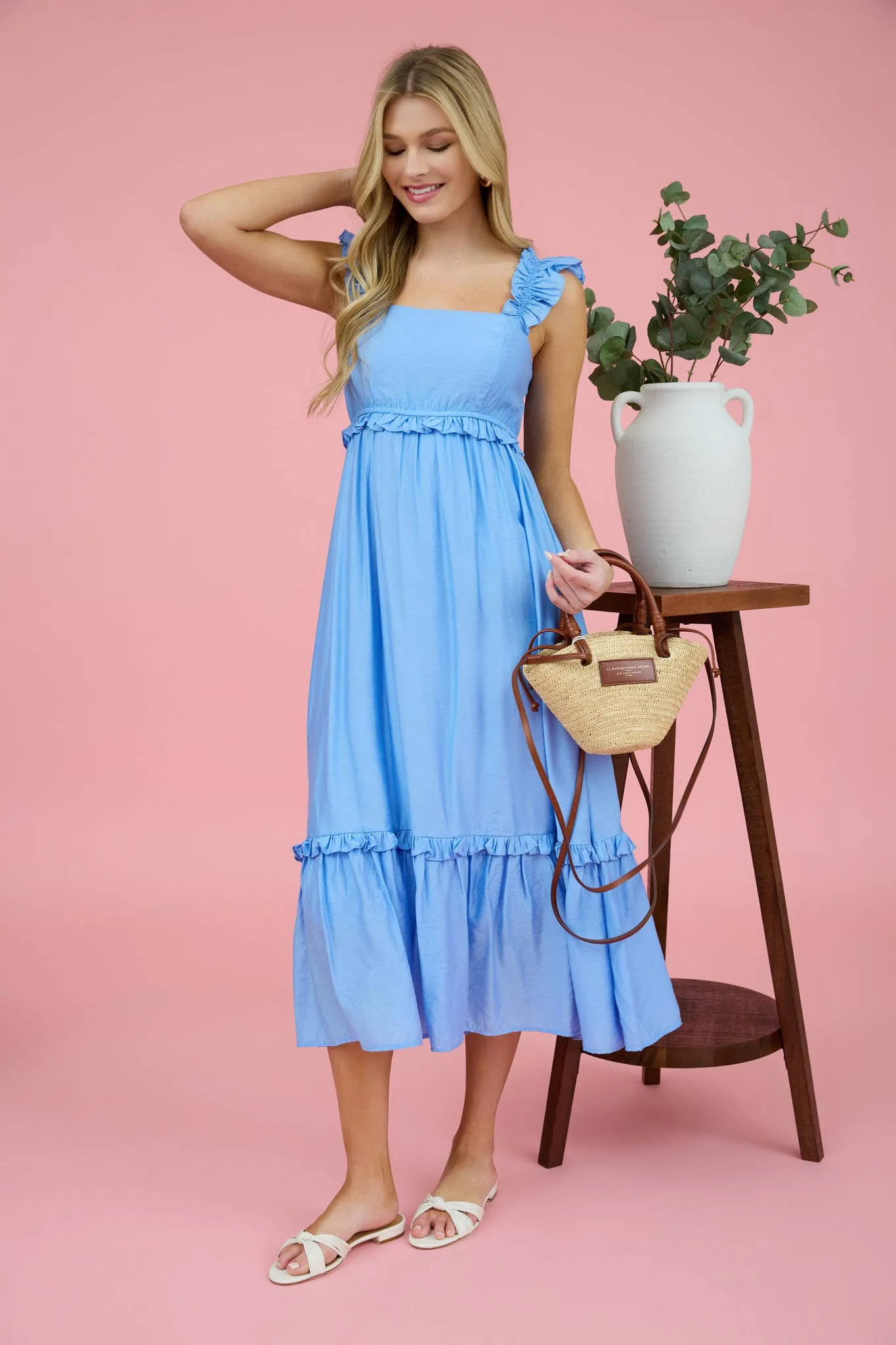 Blu Pepper Ruffle Detail Empire Waist Sleeveless Midi Dress CR2473