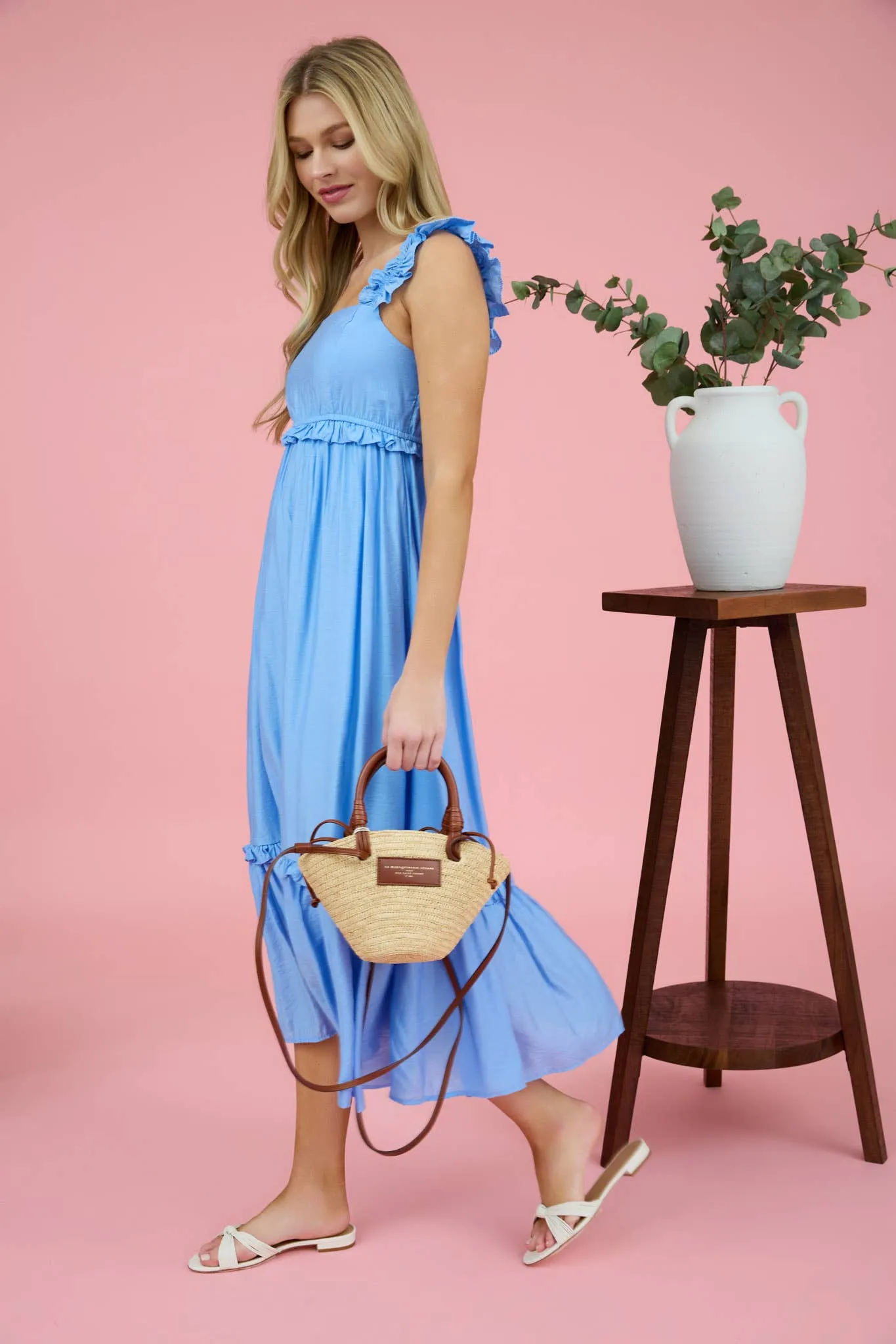 Blu Pepper Ruffle Detail Empire Waist Sleeveless Midi Dress CR2473