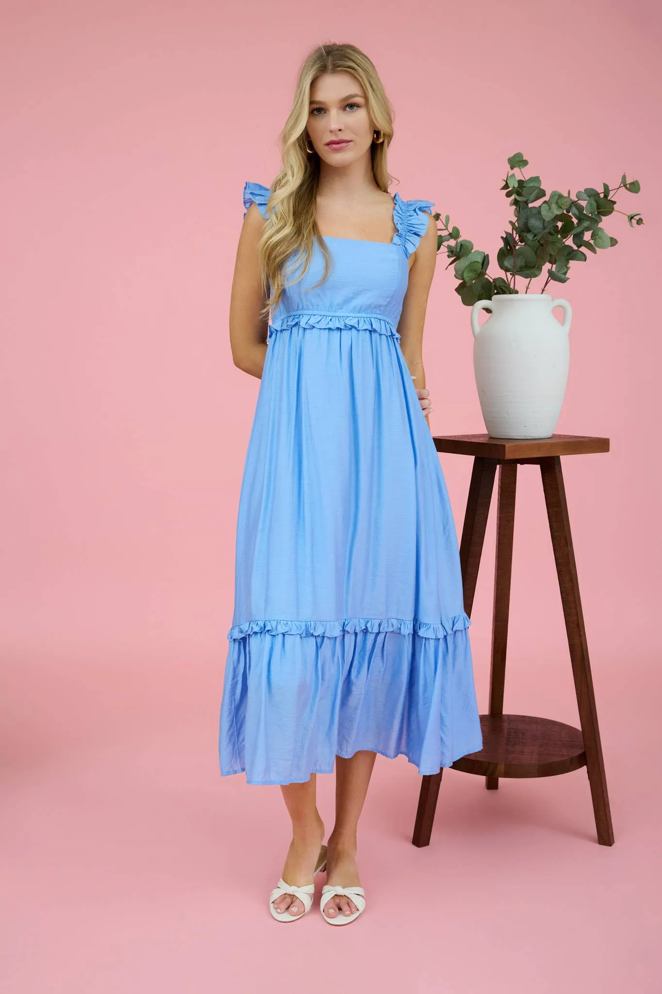 Blu Pepper Ruffle Detail Empire Waist Sleeveless Midi Dress CR2473