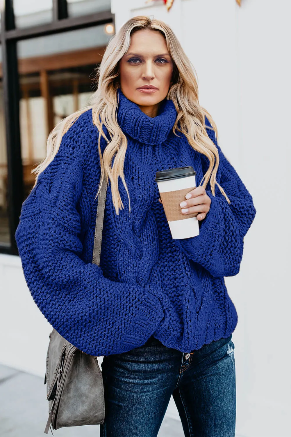 Blue Cuddle Weather Cable Knit Handmade Turtleneck Sweater