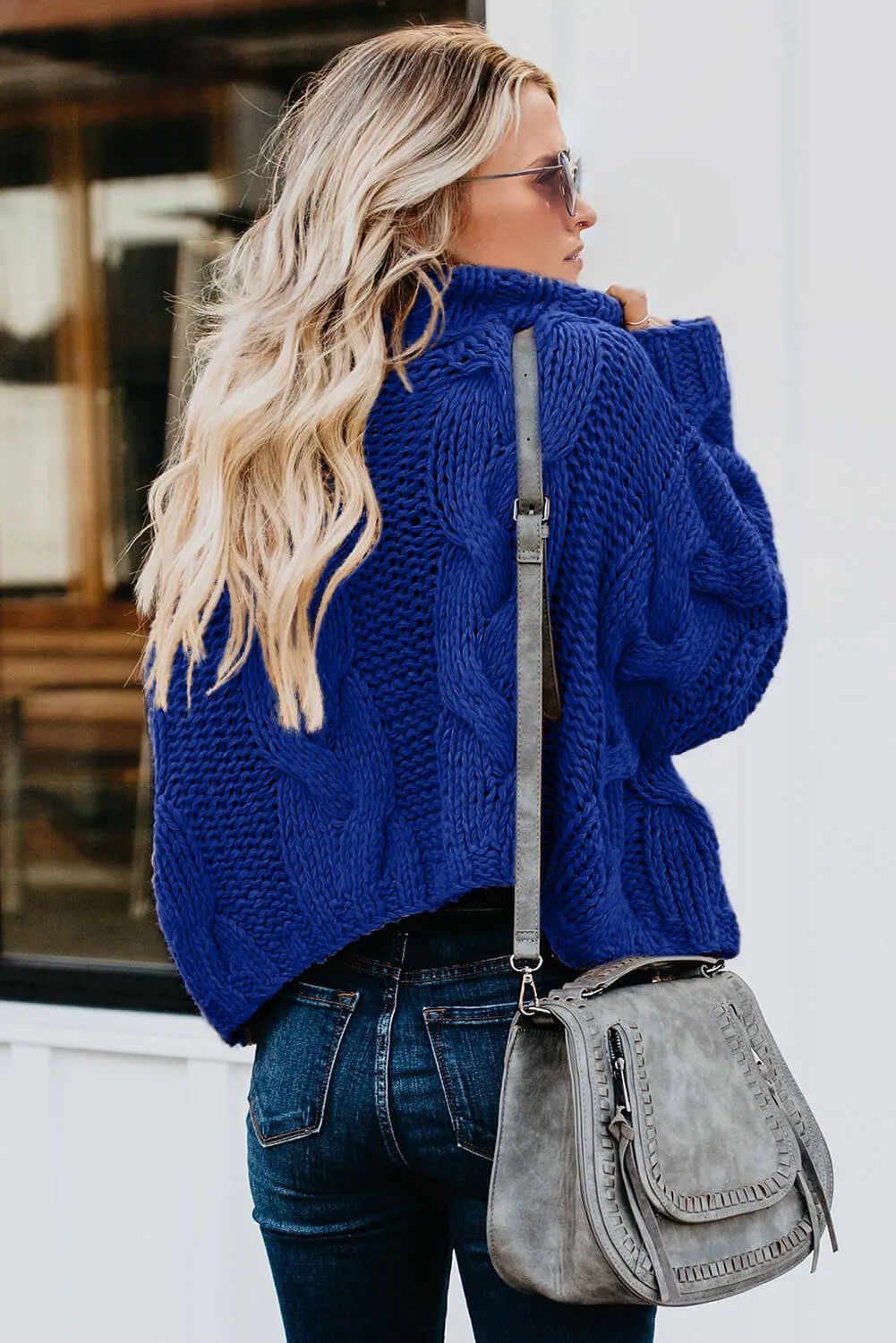 Blue Cuddle Weather Cable Knit Handmade Turtleneck Sweater