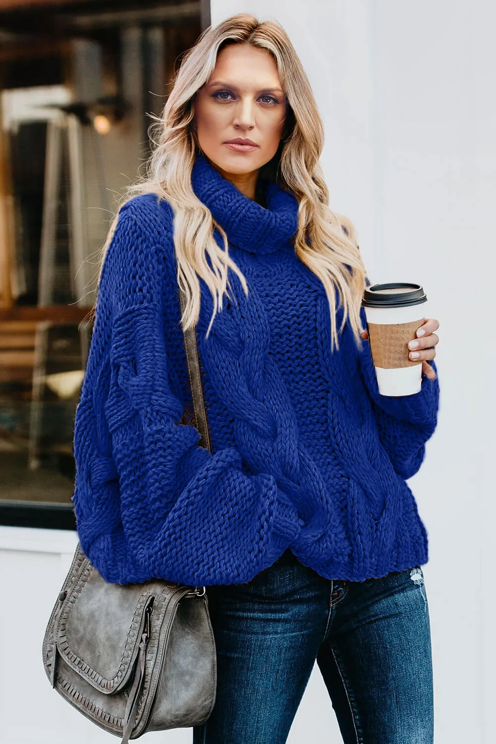 Blue Cuddle Weather Cable Knit Handmade Turtleneck Sweater