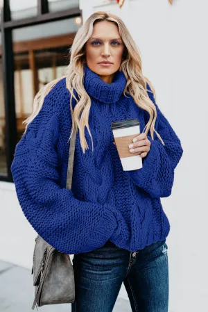 Blue Cuddle Weather Cable Knit Handmade Turtleneck Sweater