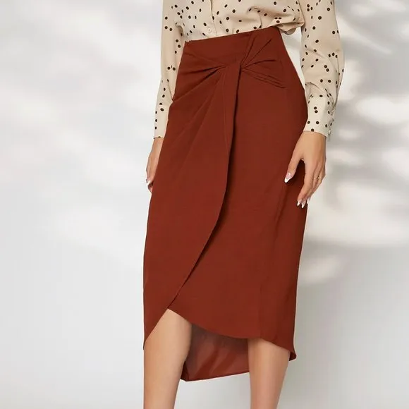 Brand newTwist Front Wrap Hem Skirt handmade Rust Brown