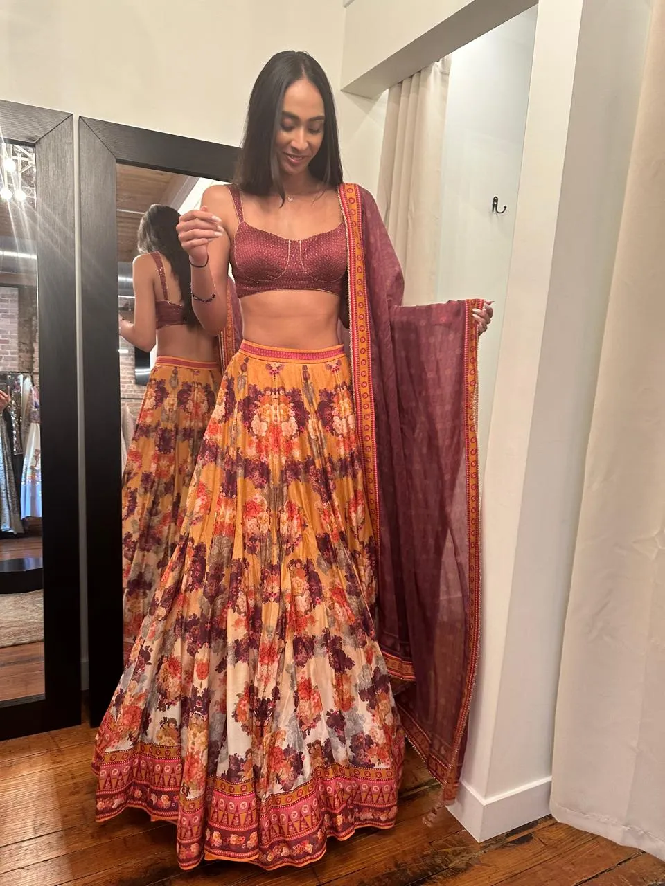BRICK RED AND ORANGE DIGITAL PRINT LEHENGA SET - Ready To Ship